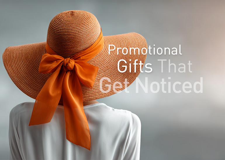 Custom-made promotional gift – ladies' hat with an orange ribbon, a gift that gets noticed