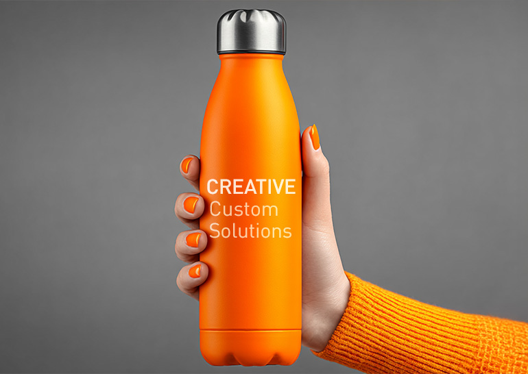 Creative custom-made solutions – orange stainless steel bottle with company print